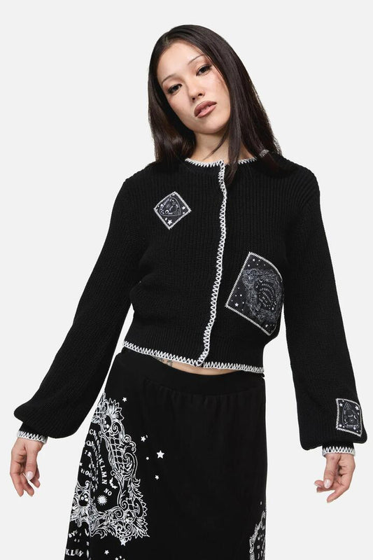 Image of Cardigans. Product name - SÃ©ance Patch Goth Cardigan in Black colour by brand - Dangerfield