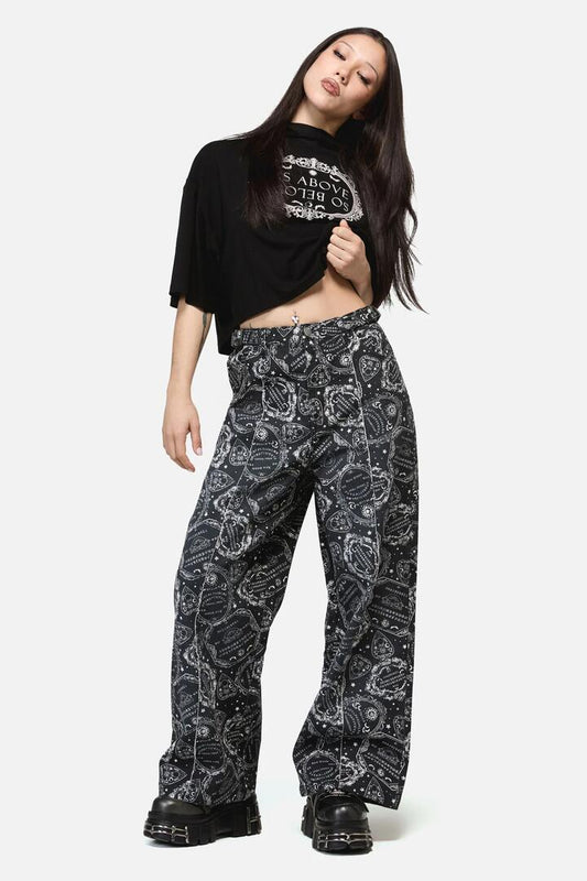 Image of a model wearing Denim. Productname: Seance Print Goth Relaxed Jean in Black colour by brand - Dangerfield