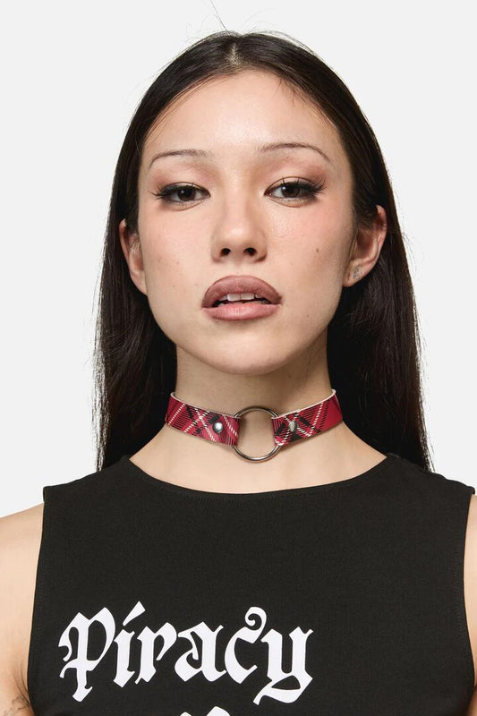 Image of Jewelry. Productname: Piracy Tartan PU Choker in Red colour by brand - Dangerfield