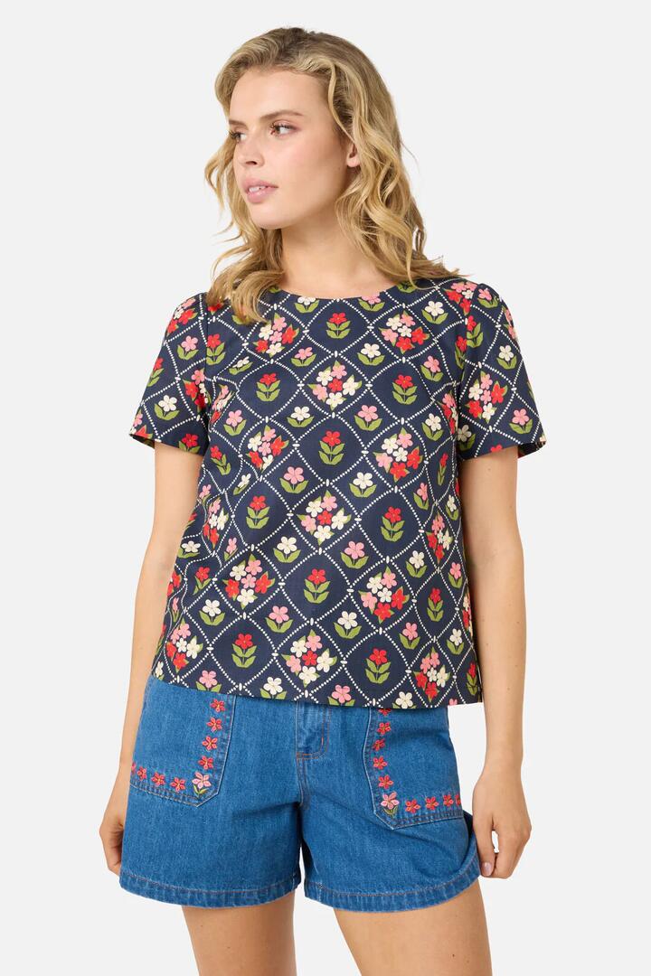 Image of a model wearing Tops. Productname: Judy Short Sleeve Top in Navy colour by brand - Princess Highway
