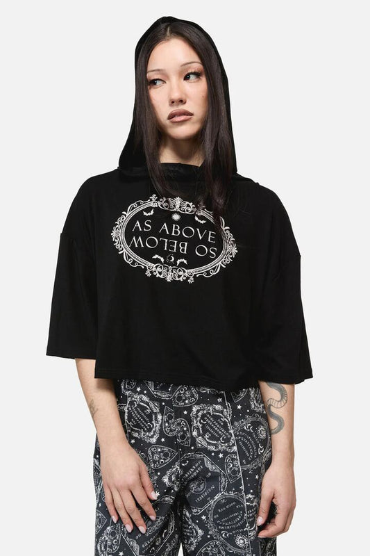 Image of a model wearing Tops. Productname: Seance Hooded Goth Print Tee in Black colour by brand - Dangerfield