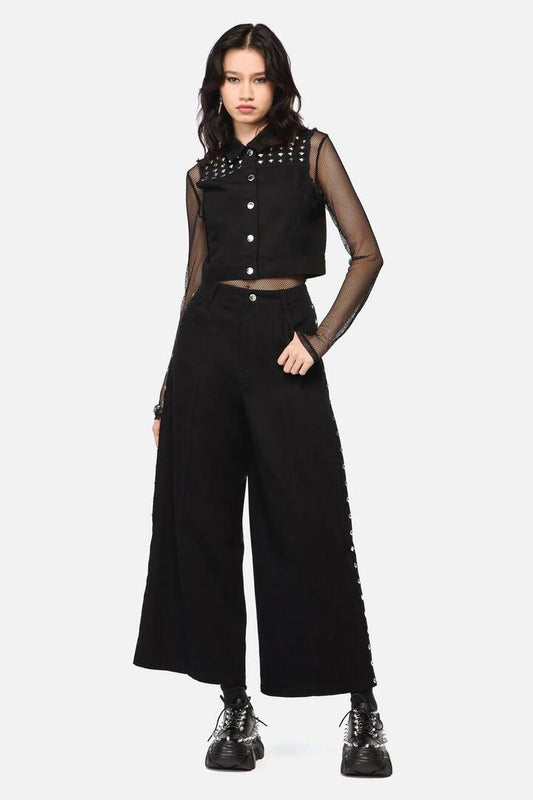 Image of a model wearing Denim. Productname: Barb Stud Trim Jean in Black colour by brand - Dangerfield