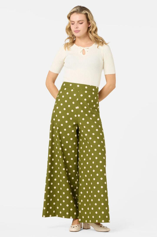 Image of a model wearing Pants. Productname: Polka Dot Wide Leg Pant in Olive colour by brand - Princess Highway