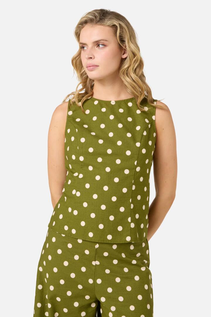 Image of a model wearing Tops. Productname: Polka Dot Shell Top in Olive colour by brand - Princess Highway