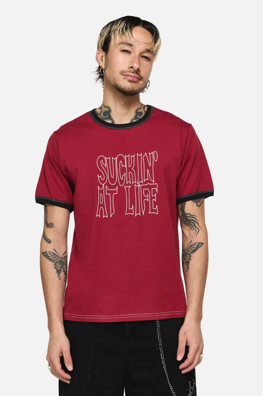 Image of a model wearing Tops. Productname: Suckin At Life Goth Tee in Red colour by brand - Black Friday