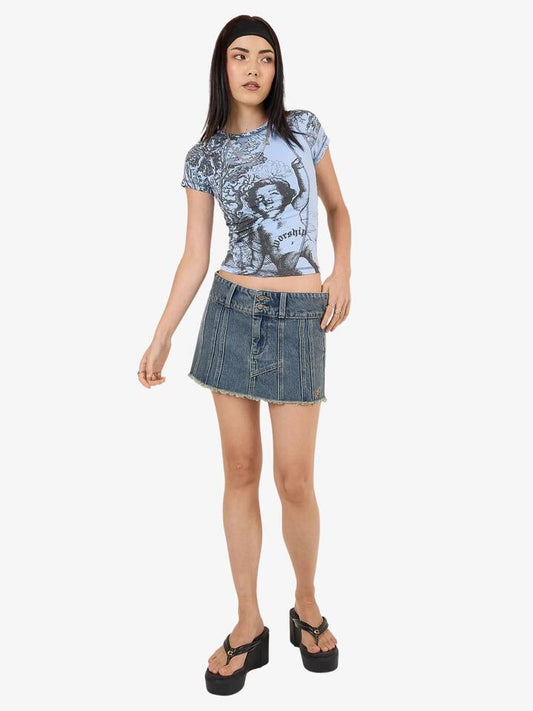 Image of a model wearing Tops. Productname: Worship Not Your Angel Panelled Raglan Tee in Bell Air Blue colour by brand - Worship