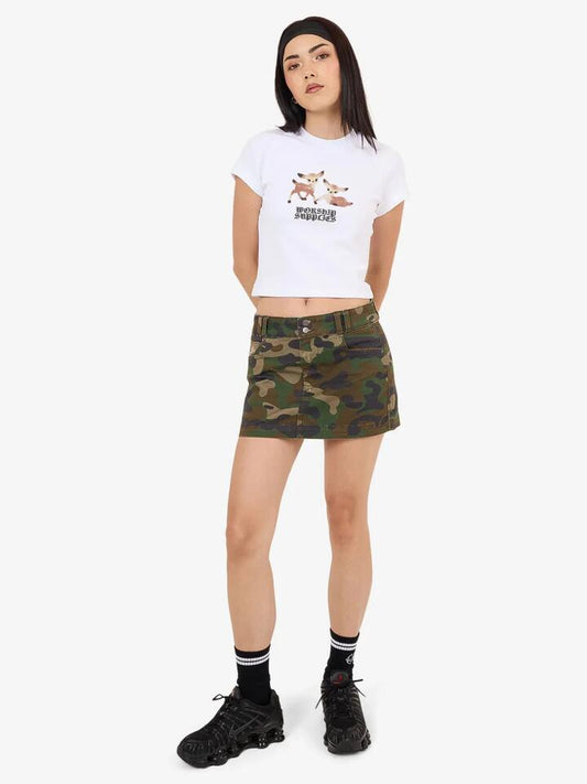 Image of a model wearing Tops. Productname: Worship Bambino Teeny Tee in White colour by brand - Worship