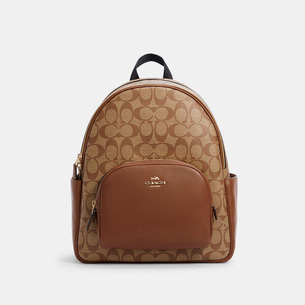Image of Bags. Productname: Court Backpack In Signature Canvas in KHAKI SADDLE 2 colour by brand - Coach Outlet Australia