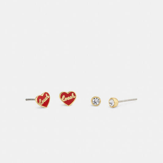 Image of Earrings. Productname: Heart Stud Earrings Set in GOLD/RED colour by brand - Coach Outlet Australia