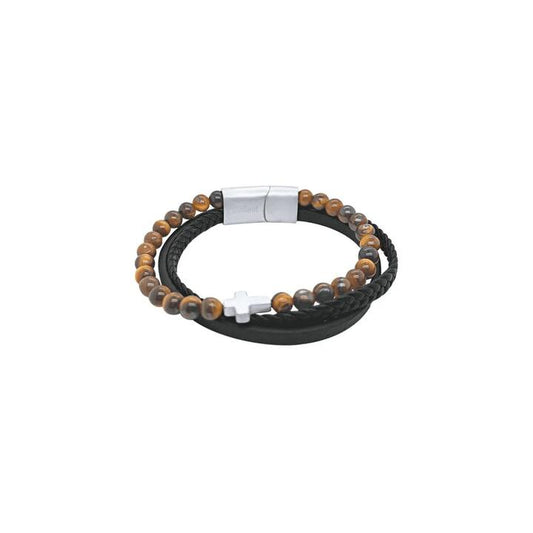 Image of Bracelets. Productname: 21.5cm Men's Black Leather Bracelet with Brown Beads and Cross in Stainless Steel in Silver colour by brand - Bevilles