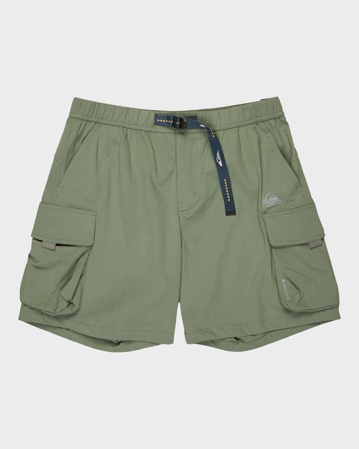 Image of a model wearing Shorts. Product name - Quiksilver Mens Run Ashore 18" Cargo Shorts Sea Spray in Sea Spray colour by brand - Quiksilver