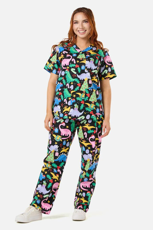 Image of a model wearing Uniforms & Workwear. Productname: Christmas Dino's Scrub Set in Black colour by brand - Scrubs With Love