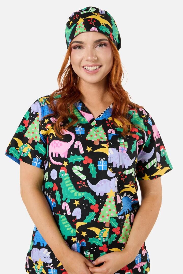 Image of Hats. Productname: Christmas Dino's Scrub Hat in Black colour by brand - Scrubs With Love
