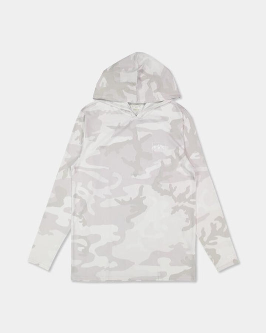 Image of a model wearing Tops. Productname: Billabong - Mens Arch Mesh Hooded Long Sleeve Rash Vest - White Camo - in White Camo colour by brand - Billabong