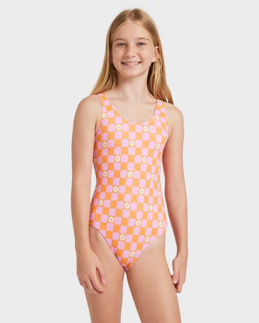 Image of Accessories. Productname: Roxy Girls 8-16 Flower Check One Piece Tangerine Tic Tac Fleur - in Tangerine Tic Tac Fleur colour by brand - Roxy
