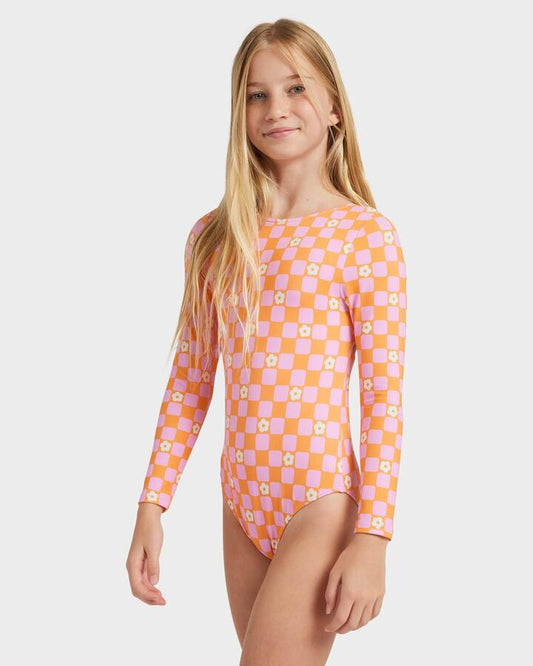 Image of Coats & Jackets. Productname: Roxy Girls 8-16 Flowe Check One Piece Rash Vest Tangerine Tic Tac Fleur - in Tangerine Tic Tac Fleur colour by brand - Roxy