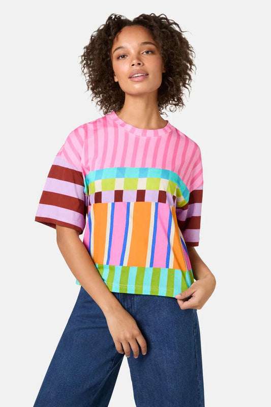 Image of a model wearing Tops. Productname: Holiday Stripe Relaxed Tee in Print colour by brand - Gorman