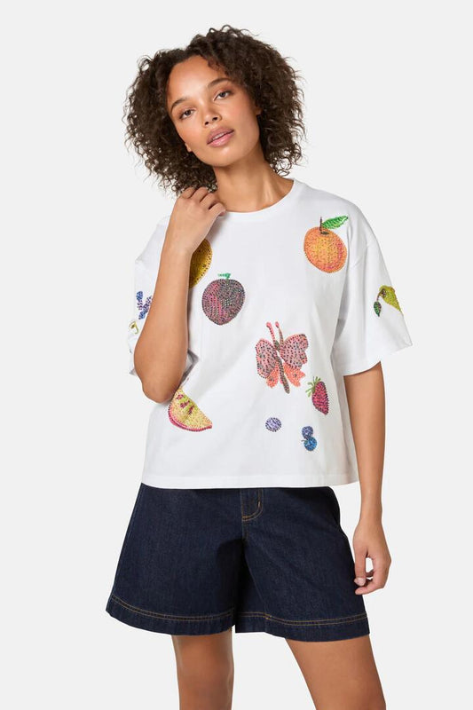 Image of a model wearing Tops. Productname: Fruit Beaded Oversized Tee in White colour by brand - Gorman