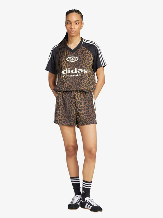 Image of a model wearing Shorts. Productname: Adidas Originals Satin Shorts in Multicolor/Bronze Strata colour by brand - Adidas