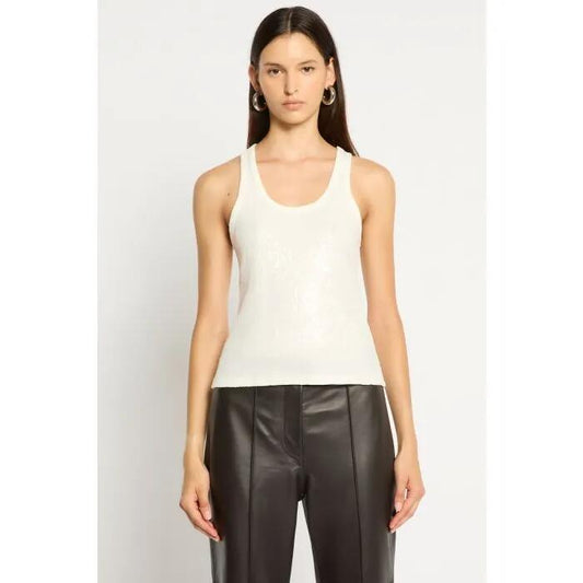 Image of a model wearing Tops. Productname: Sequin Sparkle Jersey Tank in IVORY SEQUIN colour by brand - sass and bide