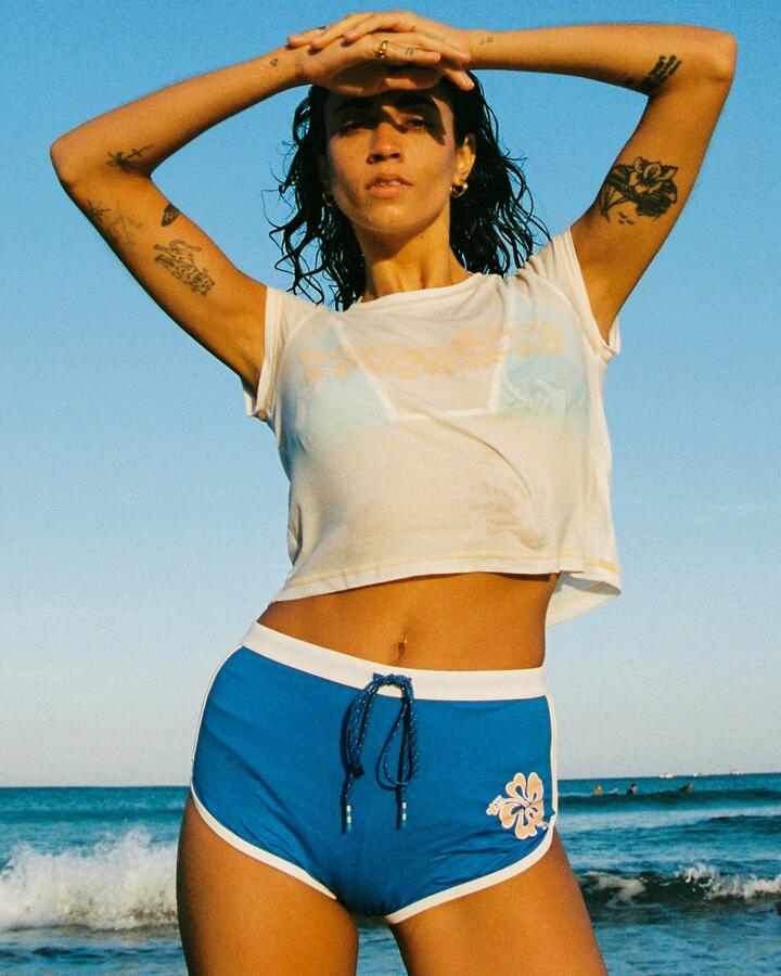 Image of a model wearing Shorts. Productname: Billabong Womens Bong Together Surf Shorts True Blue - in True Blue colour by brand - Billabong