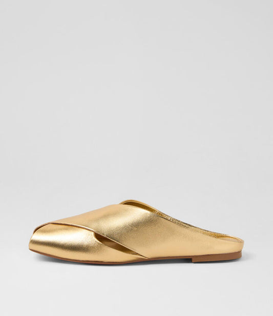 Image of Slippers. Productname: Barnee Old Gold Leather Slides in Old Gold colour by brand - MOLLINI