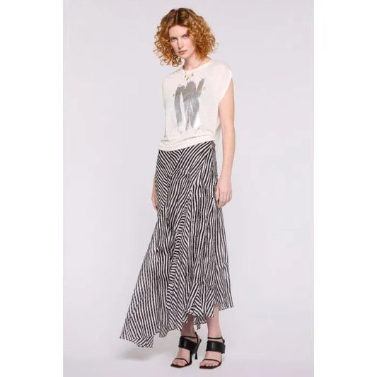 Image of a model wearing Tops. Productname: Metallic Strokes Tee in Ivory colour by brand - sass and bide