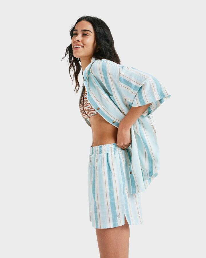 Image of a model wearing Tops. Productname: Roxy - Womens Bisous Short Sleeve Shirt - Egret Carver Stripe - in Egret Carver Stripe colour by brand - Roxy