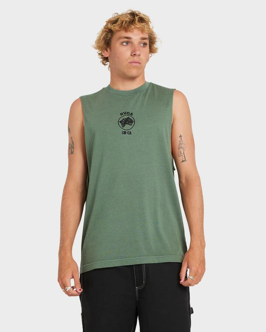 Image of a model wearing Tops. Productname: RVCA Mens Sky Cat Muscle Balsam Green - in Balsam Green colour by brand - RVCA
