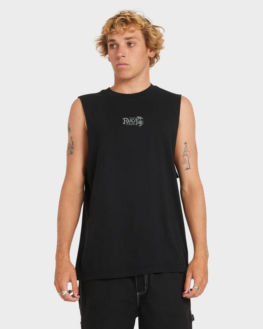Image of a model wearing Tops. Productname: RVCA Mens Sting Bay Muscle Black - in Black colour by brand - RVCA