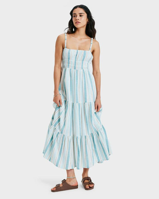 Image of Dresses. Productname: Roxy Womens Sunshine Coast Midi Dress Egret Carver Stripe - in Egret Carver Stripe colour by brand - Roxy