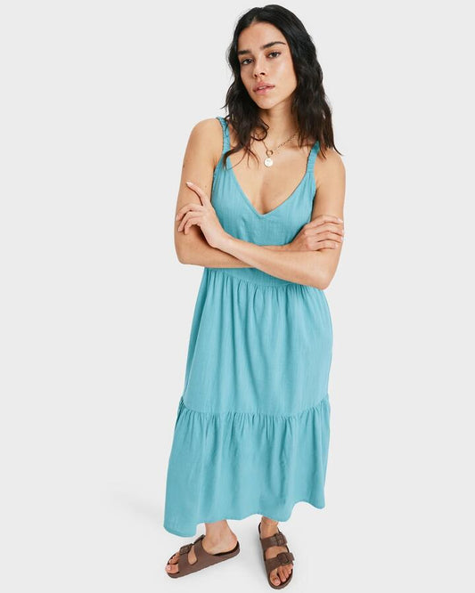 Image of Dresses. Product name - Roxy Womens Waiting Line Midi Dress Mineral Blue in Mineral Blue colour by brand - Roxy