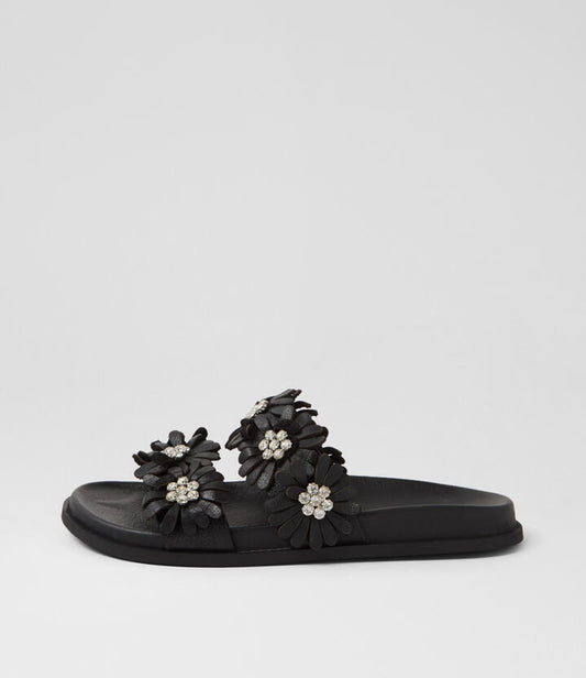 Image of Slippers. Productname: Tranquil Black Leather Slides in BLACK colour by brand - MIDAS