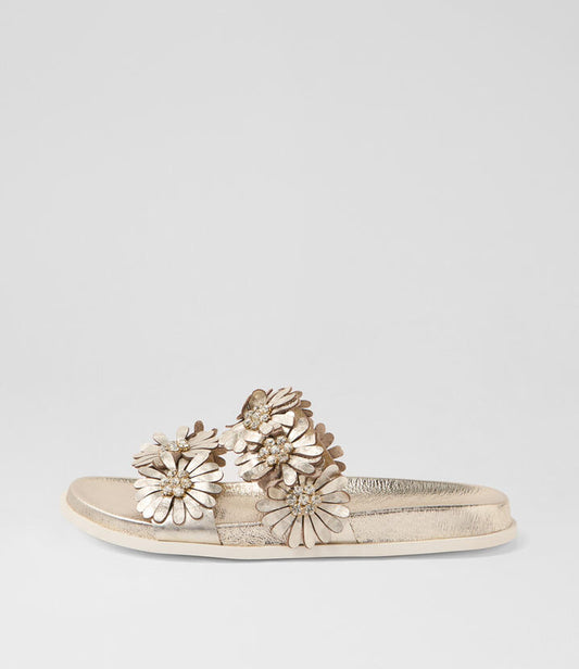 Image of Slippers. Productname: Tranquil Pale Gold Leather Slides in PALE GOLD colour by brand - MIDAS