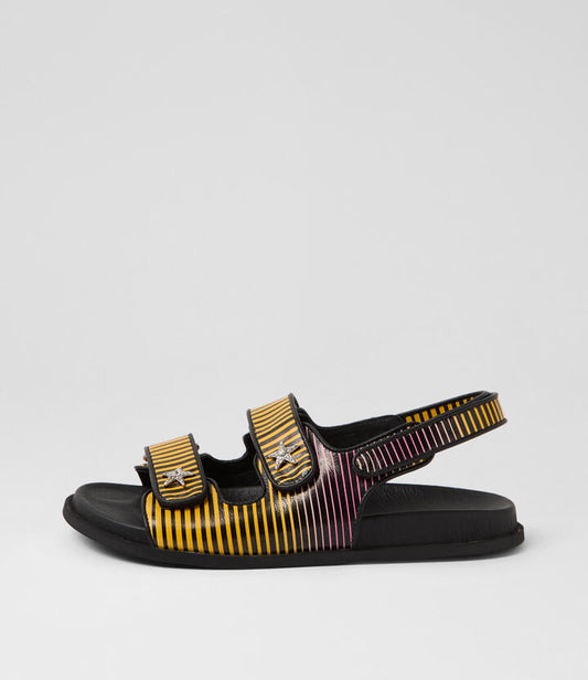 Image of Sandals. Productname: Titan Yellow Pink Stripe Leather Sandals in YELLOW&PINK STRIPE colour by brand - MIDAS
