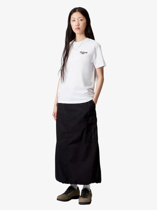 Image of a model wearing Tops. Productname: Carhartt Wip W' S/S Wiptopia T-Shirt in White colour by brand - Carhartt Wip