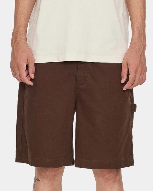 Image of a model wearing Shorts. Productname: worship Mens Canvas Utility Carpenter Shorts Brown - in Brown colour by brand - Worship
