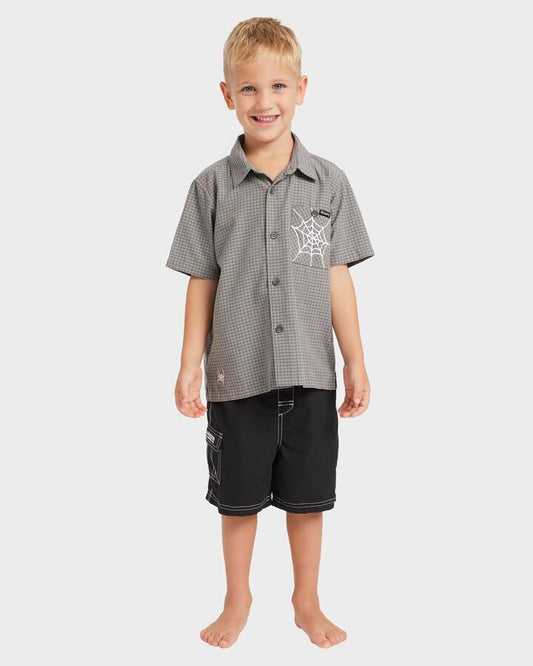 Image of a model wearing Tops. Productname: Billabong Boys 2-7 Mogul Short Sleeve Shirt Raven - in Raven colour by brand - Billabong