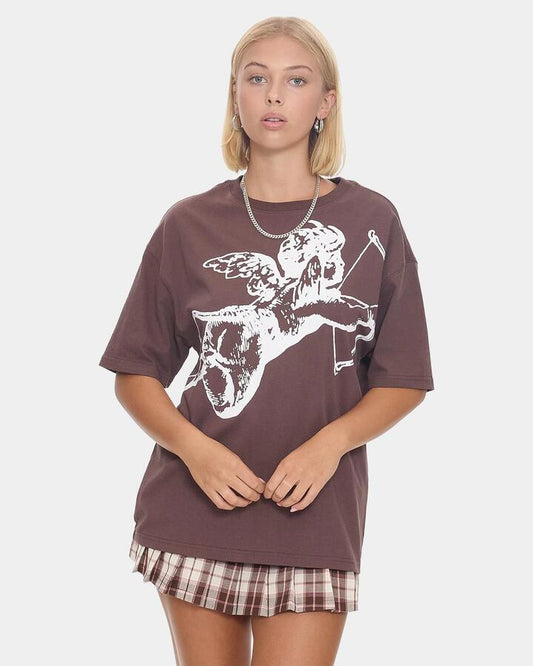 Image of a model wearing Tops. Productname: worship Womens Cherub Relaxed Fit T-Shirt Dark Choc - in Dark Choc colour by brand - Worship