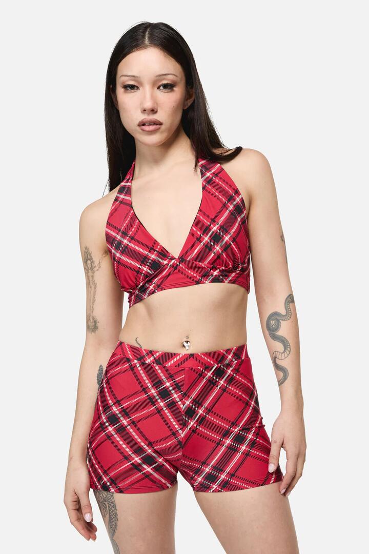 Image of Swimwear. Product name - Piracy Tartan Goth Bikini Top in Red colour by brand - Dangerfield