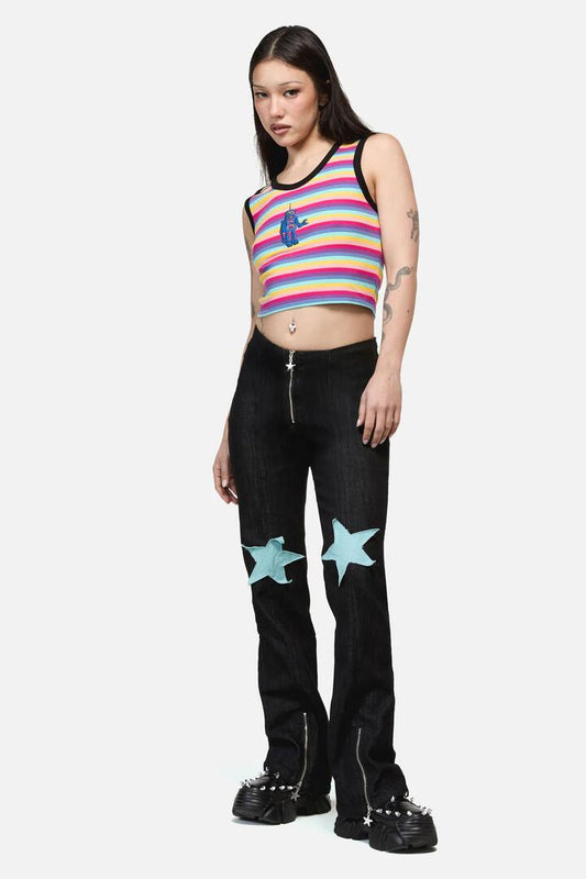 Image of a model wearing Denim. Productname: Roxi Grunge Flared Zipper Jean in Black colour by brand - Dangerfield