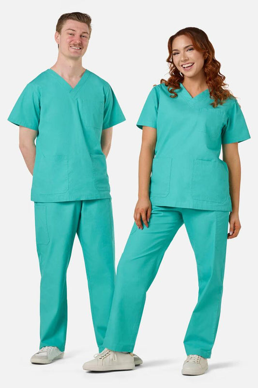 Image of a model wearing Uniforms & Workwear. Product name - Scrubswithlove Green Scrub Set in Green colour by brand - Scrubs With Love