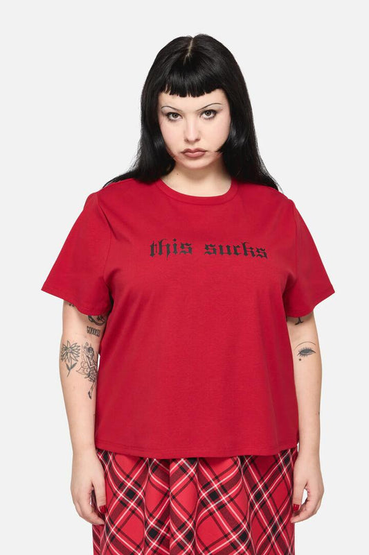 Image of a model wearing Tops. Productname: Curve This Sucks Goth Tee in Red colour by brand - Black Friday