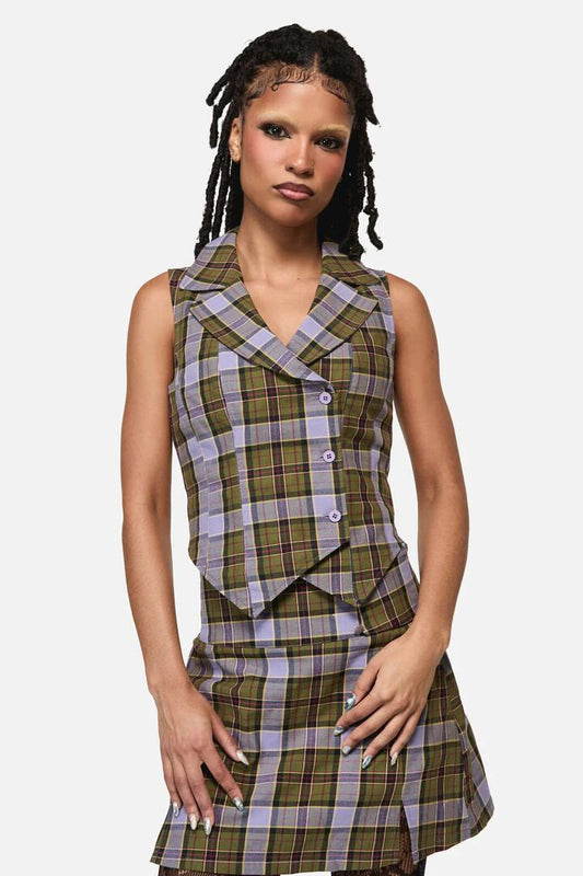 Image of Coats & Jackets. Product name - Apothecarius Goth Tartan Vest in Moss/Lavender colour by brand - Black Friday