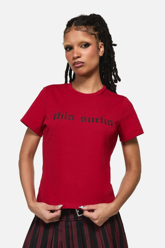 Image of a model wearing Tops. Productname: This Sucks Goth Print Tee in Red colour by brand - Black Friday