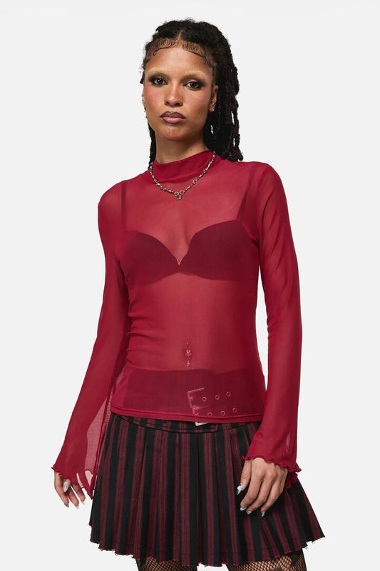 Image of a model wearing Tops. Product name - Batz Goth Mesh Top in Red colour by brand - Black Friday