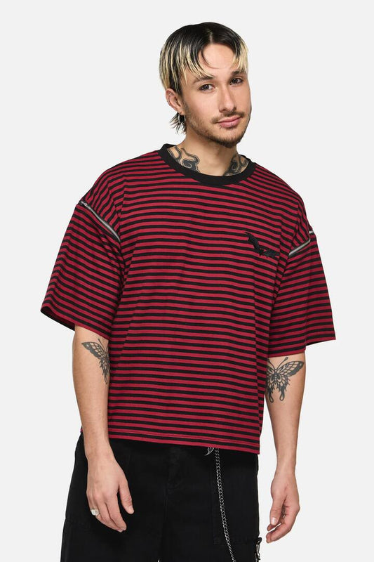 Image of a model wearing Tops. Productname: Batz Zip Sleeve Goth Tee in Black/Red colour by brand - Black Friday