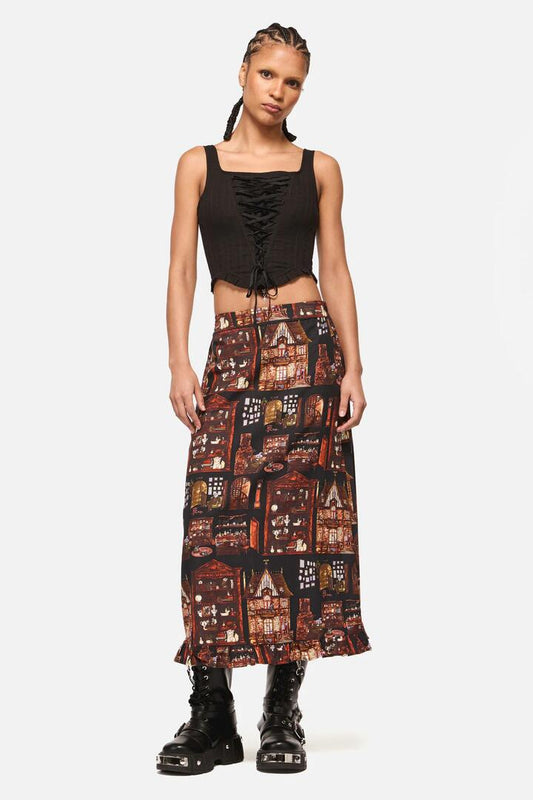 Image of a model wearing Skirts. Productname: Covenstead Goth Midi Skirt in Multi colour by brand - Black Friday