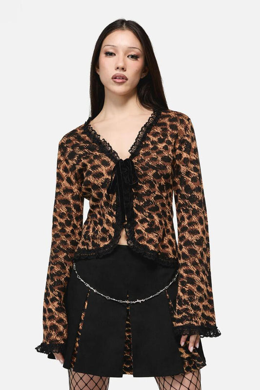 Image of Cardigans. Product name - Leopard Tie Grunge Cardigan in Brown colour by brand - Dangerfield