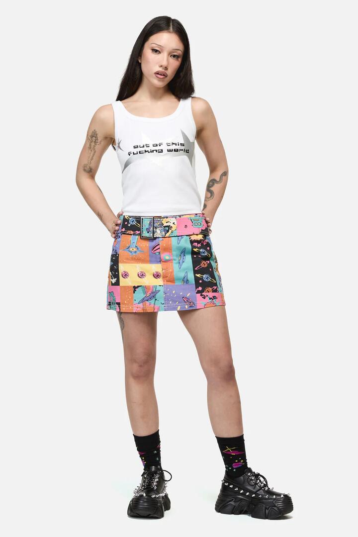Image of a model wearing Skirts. Product name - Galactic Print Micro Skort in Multi colour by brand - Dangerfield